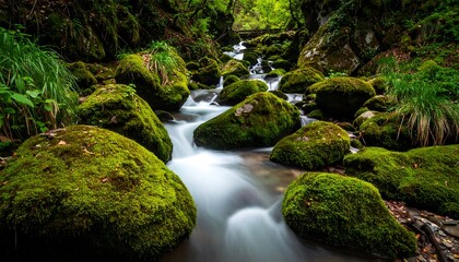 Obraz premium Serene Mountain Stream Flowing Through Mossy Rocks in Lush Forest.