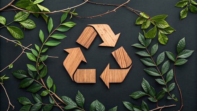 Sustainable living concept wooden recycle symbol surrounded by fresh green leaves on a dark background promoting environmental awareness and eco friendly practices