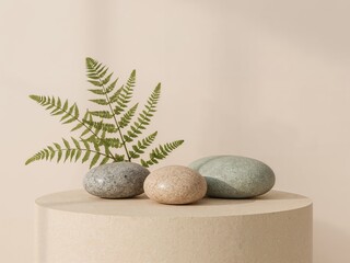 Stone Textures and Greenery: Minimalist Plant Decor with Fer ns and Rocks for Modern Zen Interior Design and Tranquil Spa Inspired Living Spaces