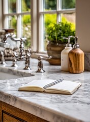 Kitchen serenity open journal on marble counter near sink and window