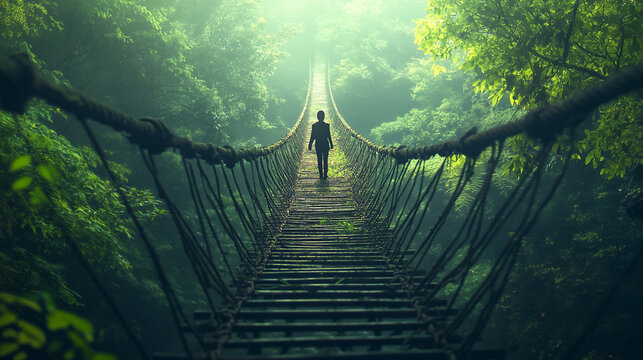Fototapeta A lone figure walks a rope bridge through a lush green forest a journey into the unknown