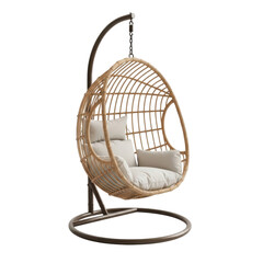 Cozy rattan hanging basket chair with cushions on transparent background