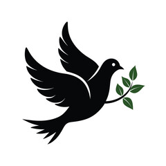 Fototapeta premium Elegant silhouette of a dove holding an olive branch in its beak on a white background