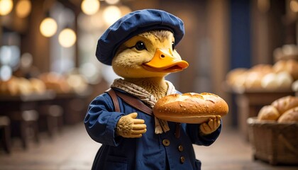 A duck figurine in baker's attire holds a loaf of bread in a bakery setting