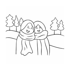 Two happy friends sharing a scarf outdoors winter