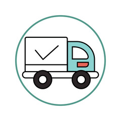 Teal and white delivery truck with checkmark transport logistics