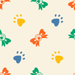 Festive Pet Seamless Pattern with Bows and Paw Prints. Modern colorful Cat and Dog Background with simple animal symbols. Playful Repeat vector illustration