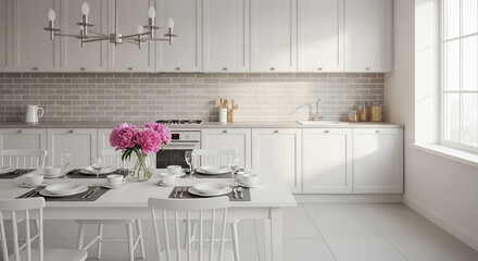 Bright and airy kitchen with elegant dining table set for family meal, featuring beautiful flowers and inviting ambiance with copy space