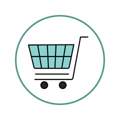 Shopping cart icon with teal basket and black frame trolley