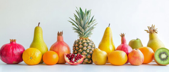 A visually appealing collection of fresh fruits, including pomegranates, pears, oranges, pineapple, and kiwi, arranged on a white background.  The bright colors and variety create a delightful image.