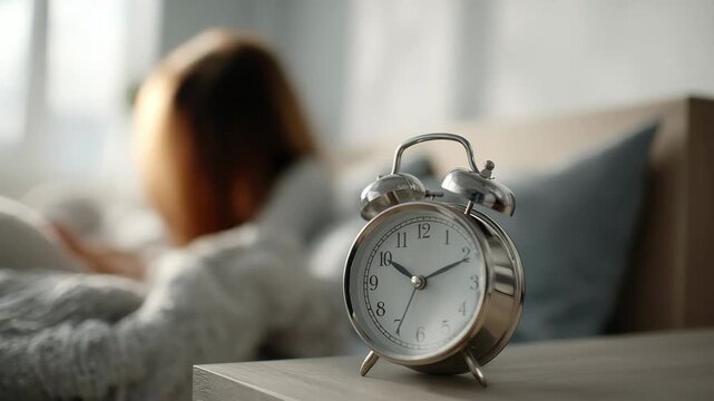 Woman waking up alarm clock on bedside table, 4k video footage