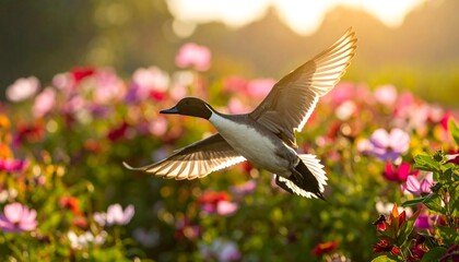 A duck in flight over a field of colorful flowers at sunset