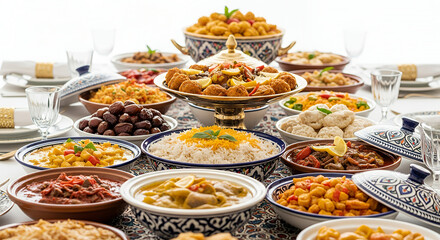 Lavish spread of traditional dishes laid out for Muslim family gathering, showcasing rich flavors and vibrant colors with copy space

