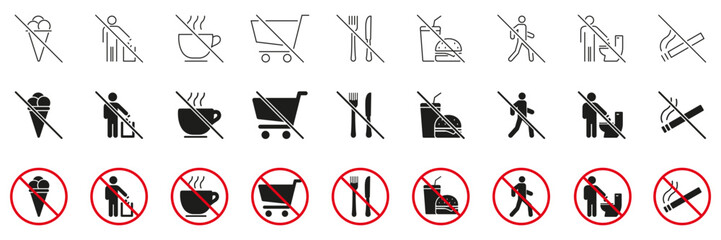 No Entry And Prohibition Symbol Icon Set. Restriction And Ban Outline And Silhouette Symbol Collection. Includes No Littering, No Smoking and No Food Or Drink. Isolated Vector Illustration