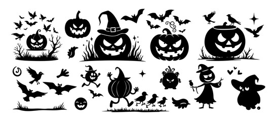 Halloween vector art set with spooky elements and silhouettes for seasonal decoration