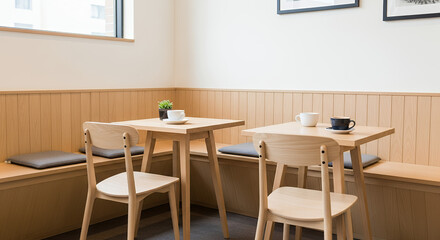 Fototapeta premium Serene coffee shop date setup with minimalist tables and cups in bright interior with plants and copy space