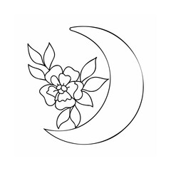 Crescent moon with blooming flower and leaves floral