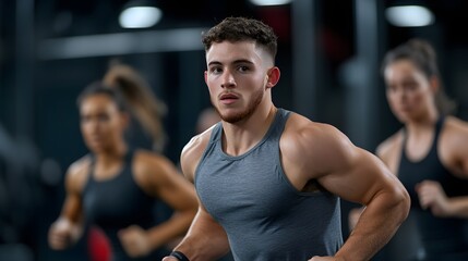 Determined young muscular man exercising in a modern gym Two blurred people train in the background