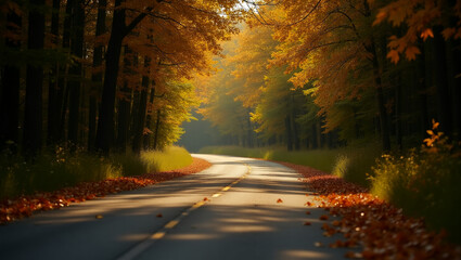 Obraz premium Winding country road with first golden leaves on the ground, soft evening light.