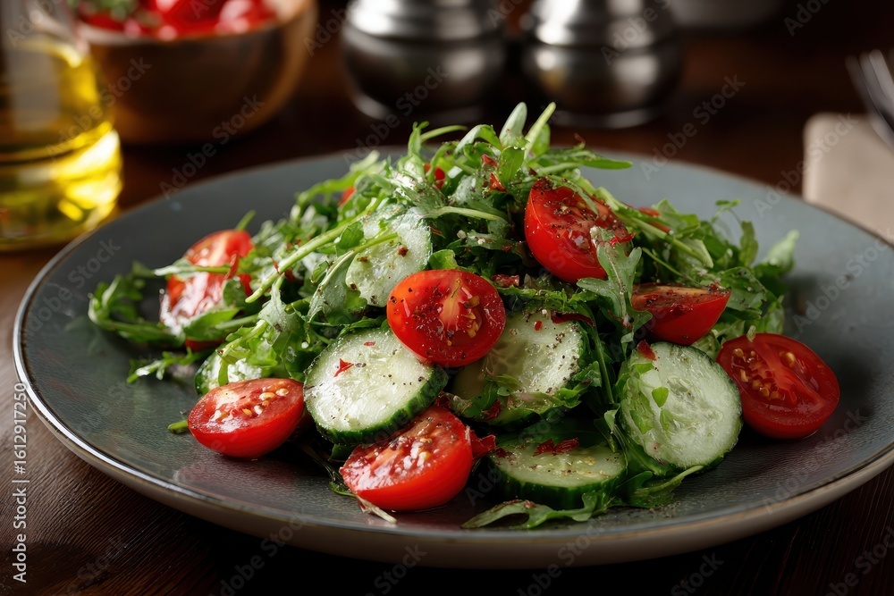 Poster fresh arugula salad with cherry tomatoes and cucumbers served in a rustic setting for a healthy meal