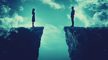 Man and woman stand on opposite cliffs separated by a chasm under a dramatic sky