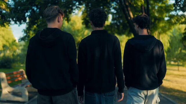 Three teens in hoodies walking together in a city park, rear view