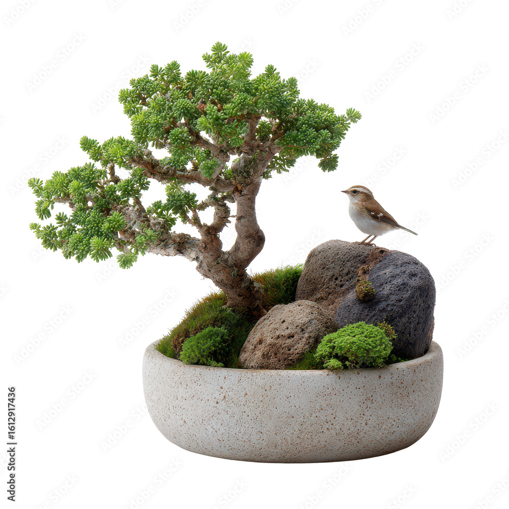 Poster a bonsai tree with a tiny bird perched on it isoleted on transparent background .
