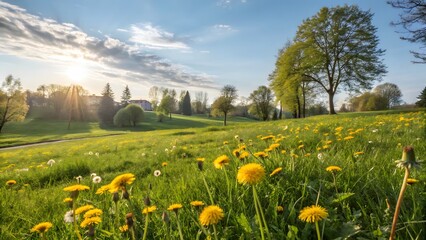 Vibrant Dandelions Blooming in a Green Meadow Under a Sunny Sky