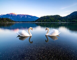 Two swans mirrored on a lake at dawn, mountains in background