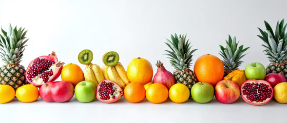 A vibrant row of fresh fruits including pineapples, pomegranates, oranges, bananas, kiwi, apples, and lemons, showcasing a delightful array of colors and textures.