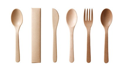 Beige wooden cutlery set,  isolated