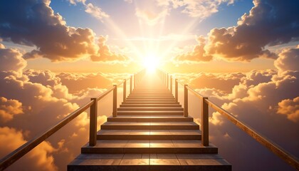Obraz premium Stairway to Heaven Dramatic Sunset with Ascending Staircase Reaching into Golden Clouds.