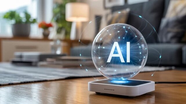 Artificial intelligence technology innovation with glowing levitation glass sphere and digital edge effect modern device cozy living room setting