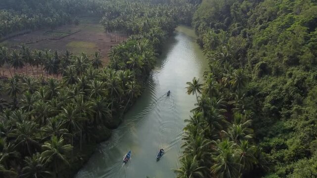 Scenic aerial drone footage of Maron River, Pacitan Indonesia