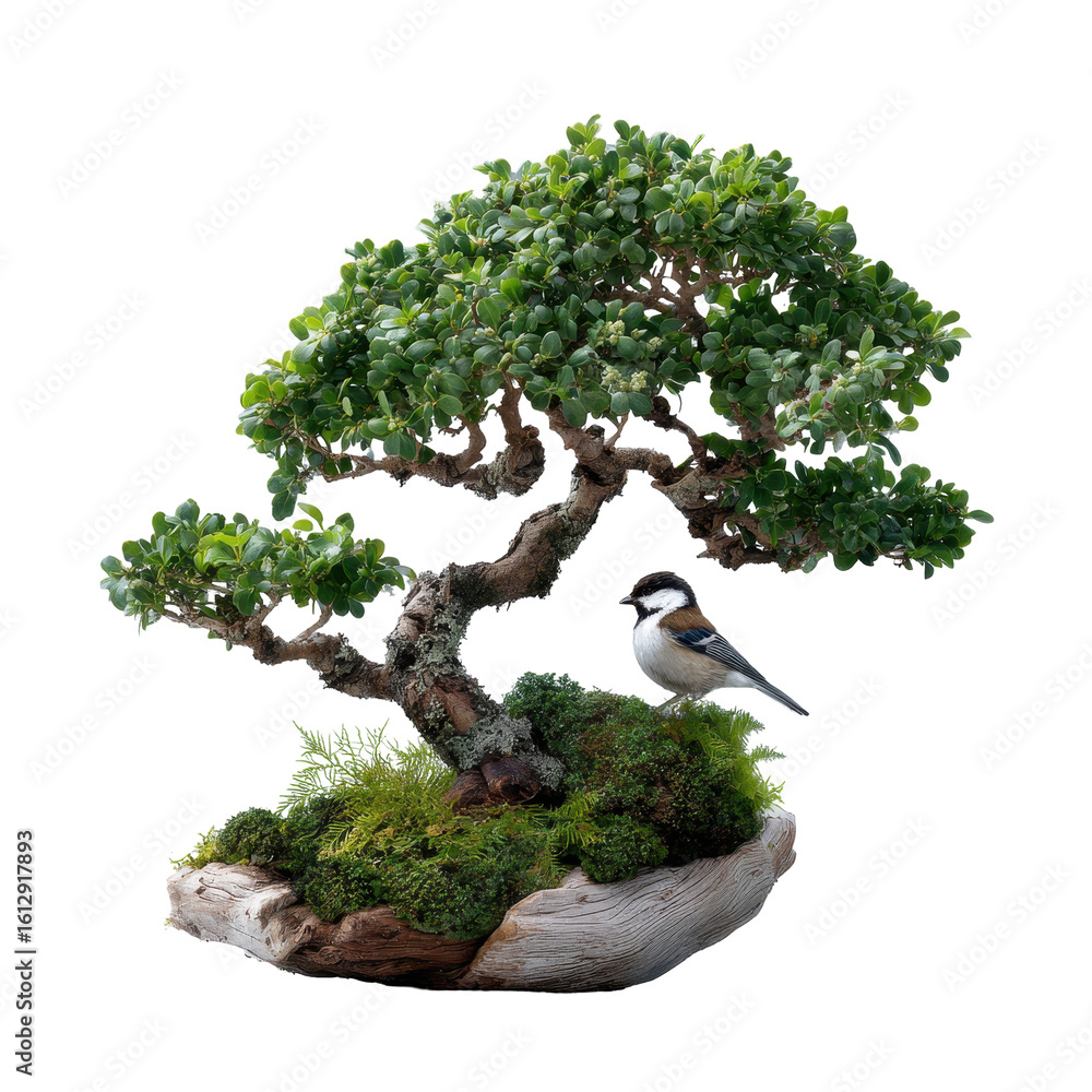 Poster a bonsai tree with a tiny bird perched on it isoleted on transparent background .
