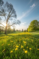 Scenic Meadow with Dandelions and Sunlit Tree in Spring