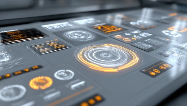 Futuristic dashboard with glowing orange-white interface elements