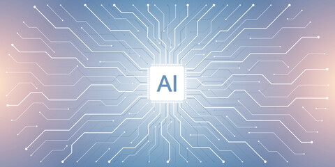 Naklejka na ściany i meble Artificial intelligence icon, sign, logo in the circuit line style. AI processor vector icon flat design. Motherboard digital chip AI. Machine learning design