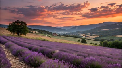 Lavender Field at Sunset with Farmhouse in Valley Landscape