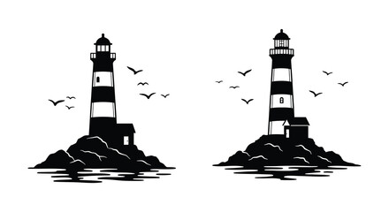 Black and White Lighthouse Silhouette Illustration with Birds Flying