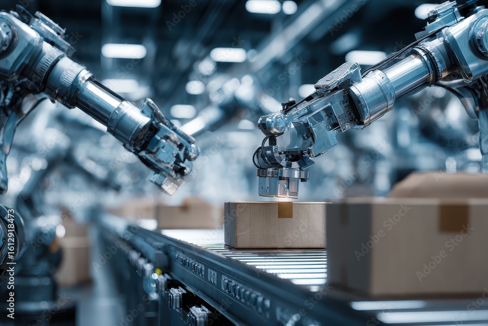 Poster metallic robotic arms efficiently packaging products in a modern automated warehouse setting during 