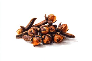 Clove Watercolor. Hand Drawn Illustration of Aromatic Brown Spice Dried Clove Heap