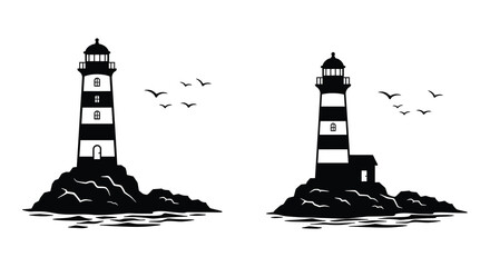 Lighthouse Silhouette Vector Illustration with Birds Flying Above the Sea