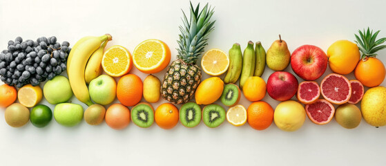 A colorful arrangement of various fruits, including bananas, oranges, apples, grapes, pineapple, kiwi, and grapefruit, displayed on a white background.