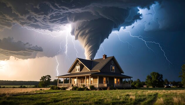 A house on a field is threatened by a large tornado and lightning during a powerful storm - Powered by Adobe