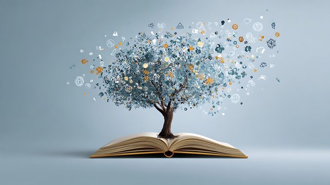 A tree of knowledge grows from an open book, symbolizing education