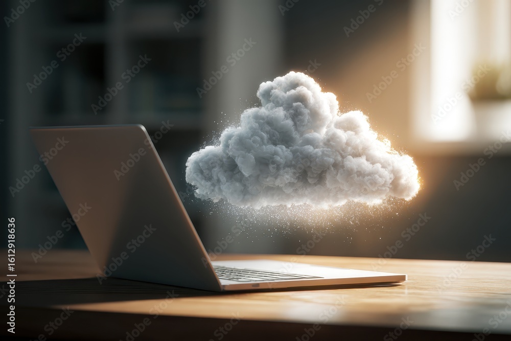 Poster concept of cloud computing with a laptop transmitting data in a modern workspace during daytime