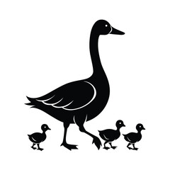 Charming silhouette of a mother goose walking with her ducklings on a clean white background