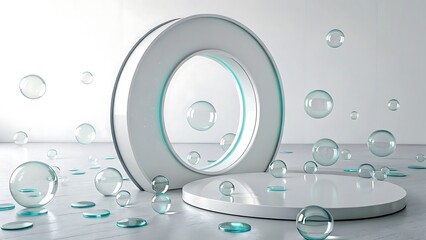 Modern geometric display showcase with transparent spheres and glossy platforms ideal for product presentation and minimalist design projects studio shot