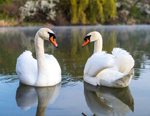 Two Swans Tranquil Lake Serene